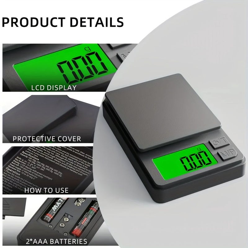 ميزان رقمي عالي الدقة 200 جم/0.01 جم بشاشة عرض LCD، يعمل ببطاريات AA ومنفذ USB، مع غطاء واقي ووظيفة معايرة الصفر، للمكتب - Image 2