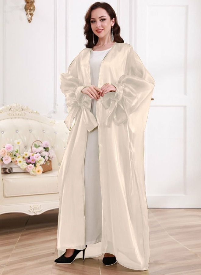 Loquat Women's Solid Color Puff Sleeve Abaya Elegant Long Cardigan Light Beige 