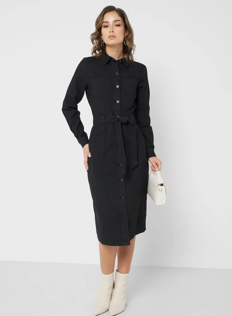 jacqueline de yong denim dress Jacqueline de Yong Belted Pocket Detail Denim Dress for Women