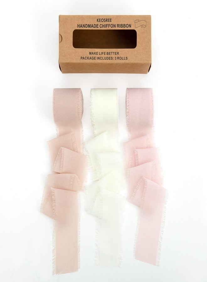 KEOSREE 3 Rolls Nude & Cream White Handmade Chiffon Ribbon,1.5" x 21Yd Frayed Fringe Silk Ribbons (3 Rolls *7Yd) for Gifts Wrapping, Wedding Invitations, Bridal Bouquets, Decorations - Image 1