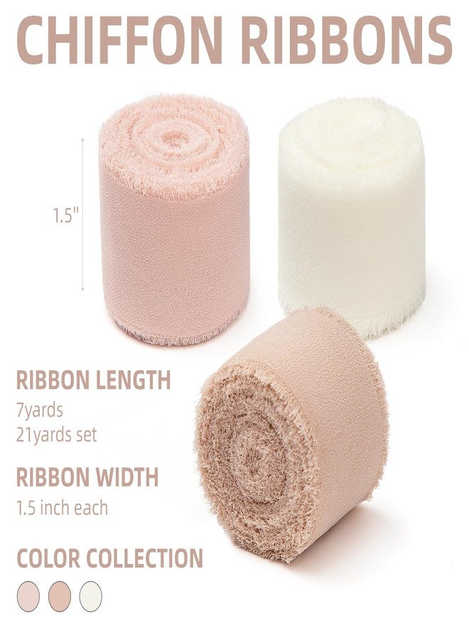KEOSREE 3 Rolls Nude & Cream White Handmade Chiffon Ribbon,1.5" x 21Yd Frayed Fringe Silk Ribbons (3 Rolls *7Yd) for Gifts Wrapping, Wedding Invitations, Bridal Bouquets, Decorations - Image 2