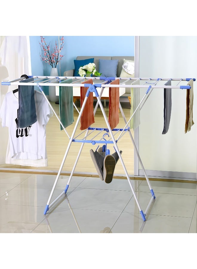 Foldable Clothes Drying Rack, with Hanging Rods Adjustable Laundry Rack, Stainless Steel Clothing Shelf, Space-Saving (Blue) - Image 1