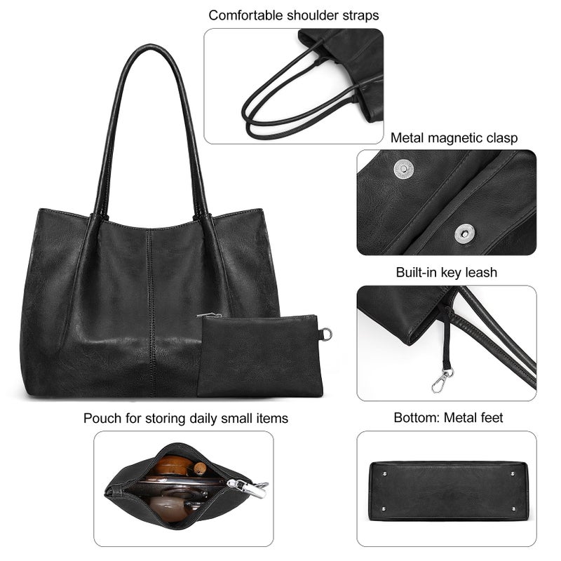 Fependu Large Tote Bag for Women Work Vegan Leather 16L Ladies Handbags Womens Big Purses Shoulder for Travel Black - Image 5