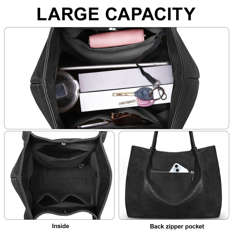 Fependu Large Tote Bag for Women Work Vegan Leather 16L Ladies Handbags Womens Big Purses Shoulder for Travel Black - Image 4