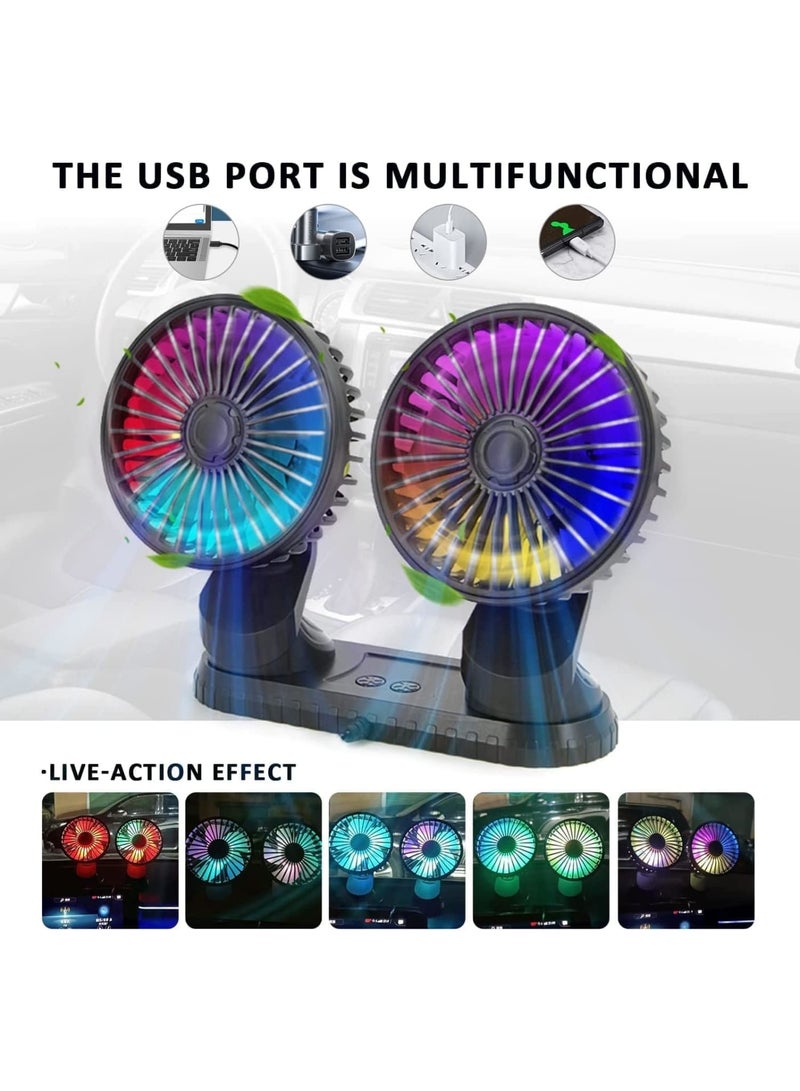 Zikra Car Fan,360° Adjustable Dual Head Cooling Air Fan Brushless Motor Low Noise Automobile Vehicle Fan Micro USB for Car/SUV/RV/Truck/Boat Use (With Coloured Light) - Image 2