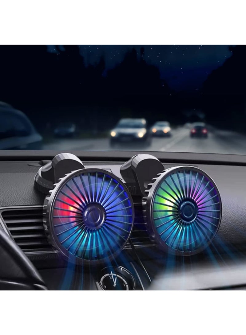 Zikra Car Fan,360° Adjustable Dual Head Cooling Air Fan Brushless Motor Low Noise Automobile Vehicle Fan Micro USB for Car/SUV/RV/Truck/Boat Use (With Coloured Light) - Image 1