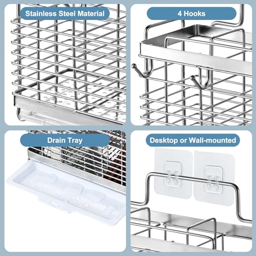 IWNTWY Utensil Holder Stainless Steel Utensil Drying Rack with Drain Tray Kitchen Counter Drainer Basket Silverware Cutlery Flatware Holder Forks Knives Spoons Chopsticks Organizer Silver - Image 3