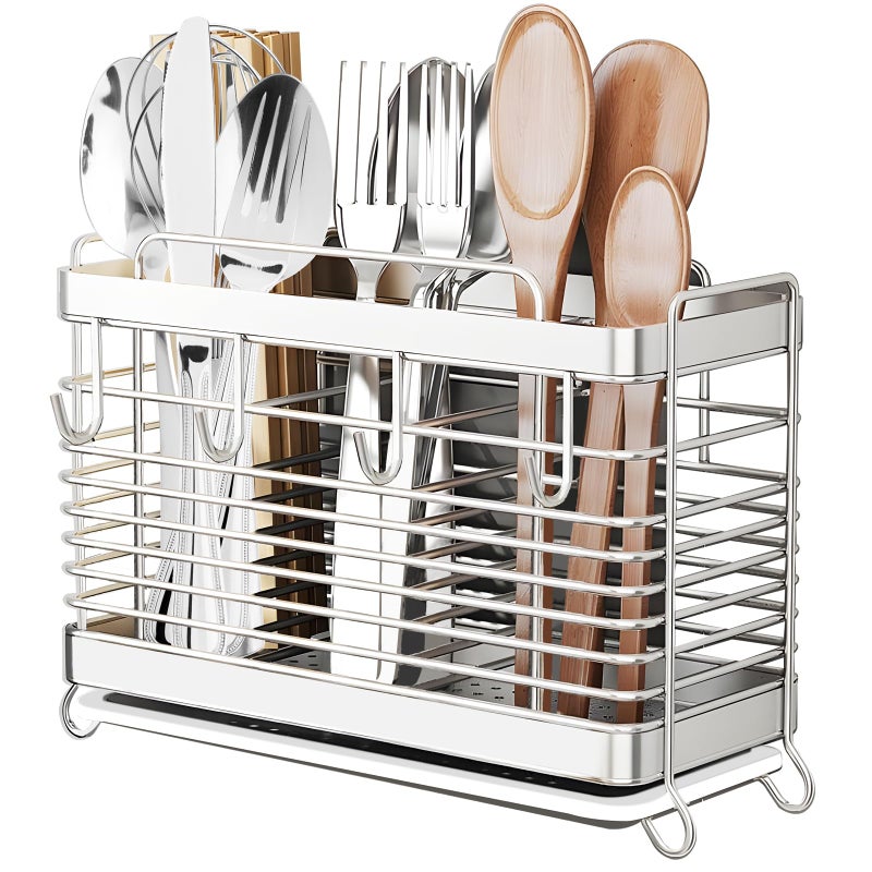IWNTWY Utensil Holder Stainless Steel Utensil Drying Rack with Drain Tray Kitchen Counter Drainer Basket Silverware Cutlery Flatware Holder Forks Knives Spoons Chopsticks Organizer Silver - Image 2