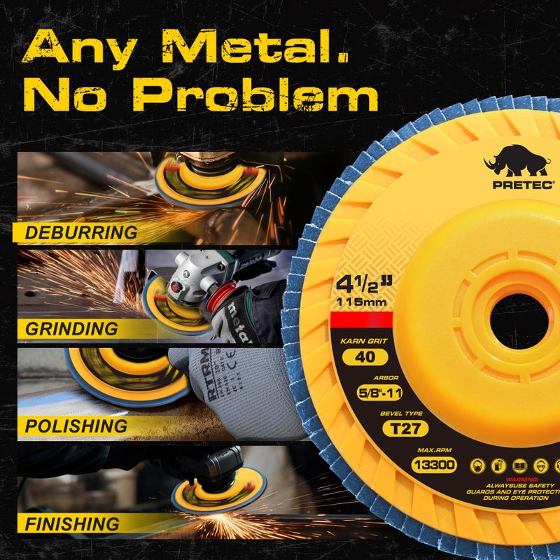 PRETEC Flap Discs 4 1/2 for Angle Grinder no Tools Installation 40 Grit, 4.5" x 7/8" High Density Trimmable Zirconia Type 27 Flap Sanding Disc for Grinding, Rust Removal and Sanding (10 Pack) - Image 2