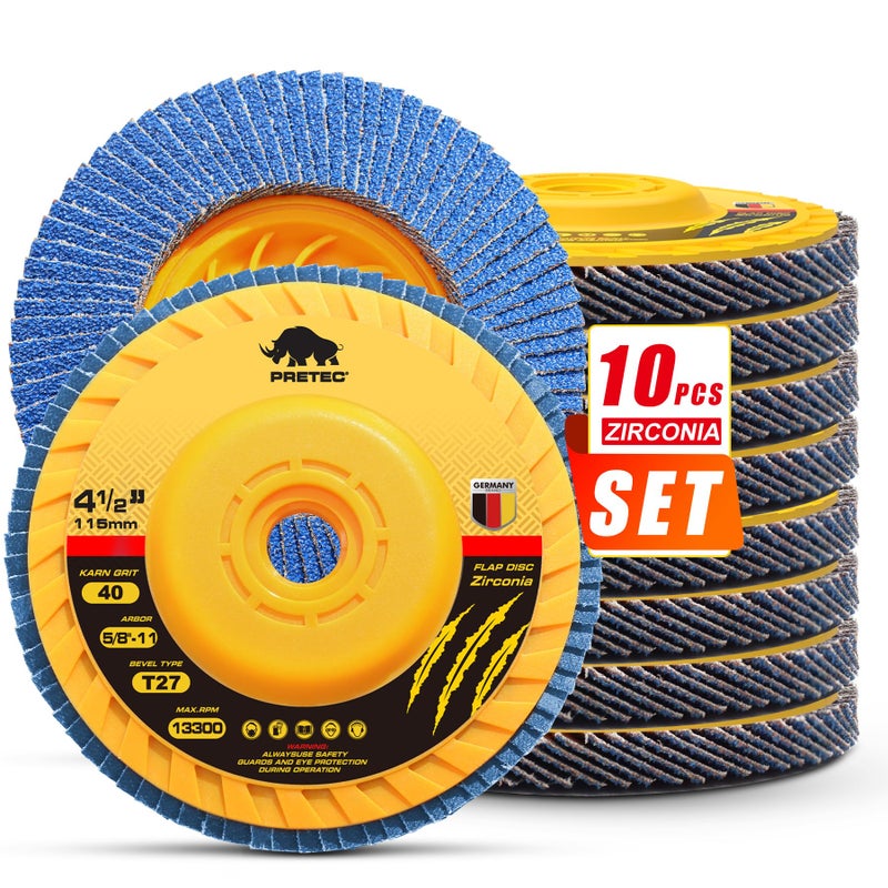 PRETEC Flap Discs 4 1/2 for Angle Grinder no Tools Installation 40 Grit, 4.5" x 7/8" High Density Trimmable Zirconia Type 27 Flap Sanding Disc for Grinding, Rust Removal and Sanding (10 Pack) - Image 1