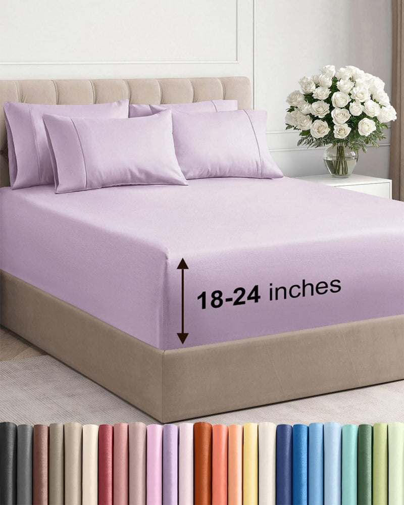 Extra Deep Queen Sheet Set 6 Piece Breathable and Cooling Sheets Hotel Luxury Bed Sheets Set Easy Fit Soft Wrinkle Free and Comfy Sheets Set Light Lavender Sheet Set with Extra Deep Pockets