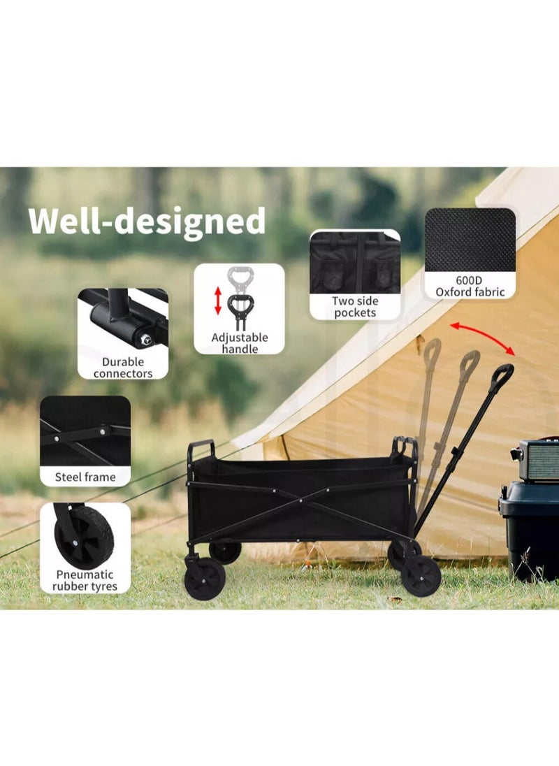 FIRST PRO Heavy-Duty Collapsible Folding Wagon Cart 200KG – Large Utility Trolley with Adjustable Handle & All-Terrain Wheels for Camping, Beach, Shopping & Gardening (Black)  - Image 3