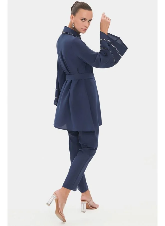 JUNE June Women Embroidered Detailed Shirt and Trousers Set Indigo