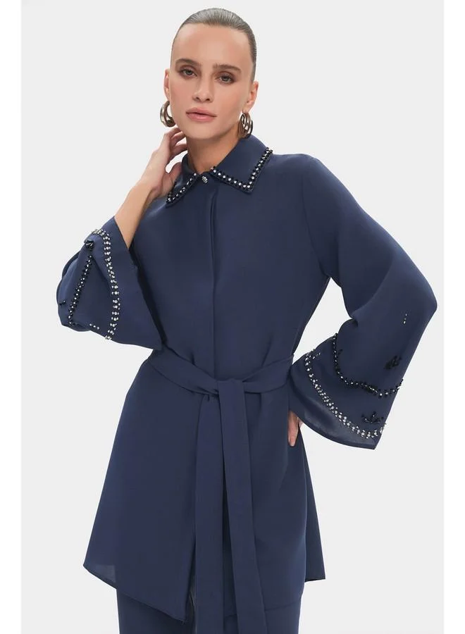 JUNE June Women Embroidered Detailed Shirt and Trousers Set Indigo