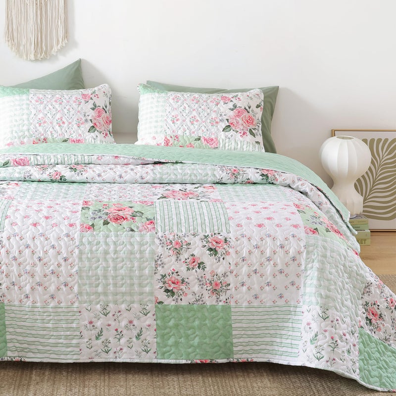 YIKUSH Quilt Sets King Size Floral Quilt Set 3 Pieces Bedding Set Bedspreads Green Comforter Blanket with 2 Pillow Cases- Ultra Soft Floral Coverlet with Printed Pattern 104in.x 90in. - Image 1