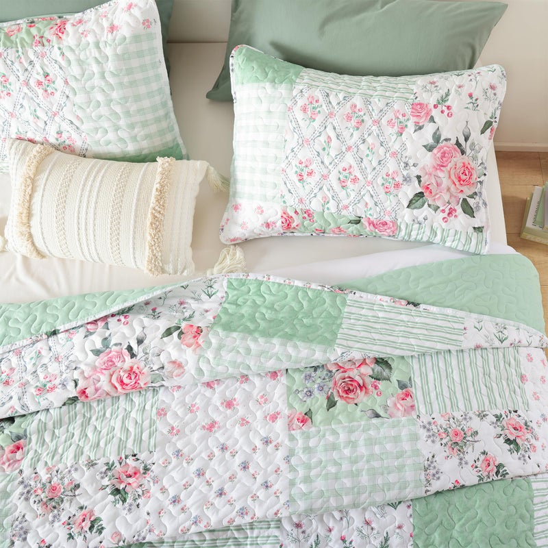 YIKUSH Quilt Sets King Size Floral Quilt Set 3 Pieces Bedding Set Bedspreads Green Comforter Blanket with 2 Pillow Cases- Ultra Soft Floral Coverlet with Printed Pattern 104in.x 90in. - Image 3