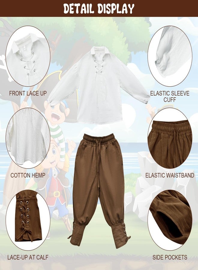 Prebene Boys Medieval Pirate Set Shirt & Ankle Pants Kids Renaissance Halloween Costume Scottish Jacobite Tops and Trousers (White+Brown, 10-12T) - Image 4