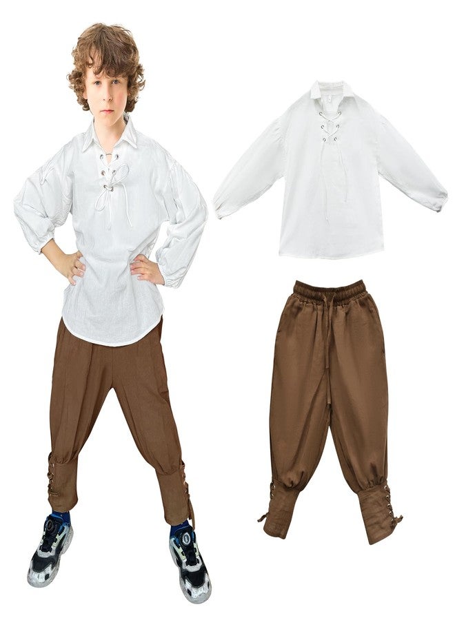 Prebene Boys Medieval Pirate Set Shirt & Ankle Pants Kids Renaissance Halloween Costume Scottish Jacobite Tops and Trousers (White+Brown, 10-12T) - Image 1