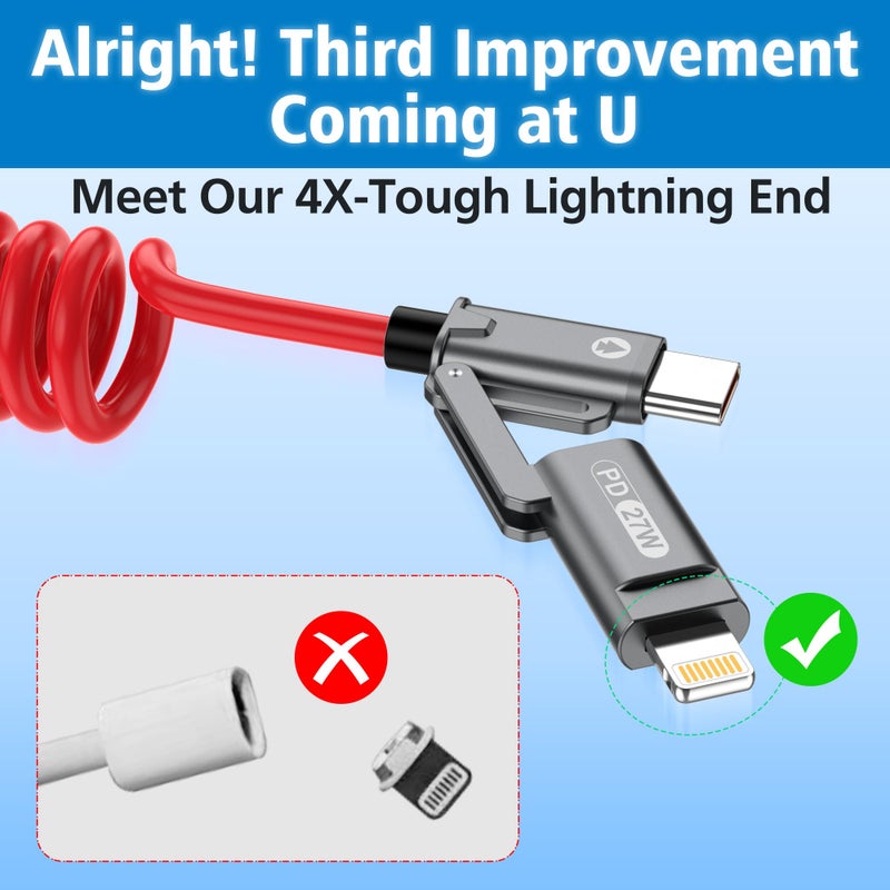 AGVEE 3ft 4-in-1 Coiled Multi USB C Charging Cable, Secure-Slide No-Loss Adapters, Slim Tips Fit Thick Cases, Lightning End Reinforced, PD 60W for iPhone Carplay, Samsung, iPad, Red - Image 4