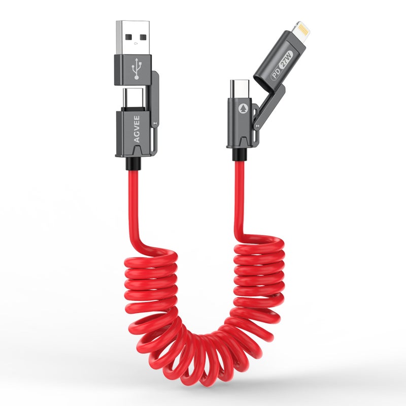 AGVEE 3ft 4-in-1 Coiled Multi USB C Charging Cable, Secure-Slide No-Loss Adapters, Slim Tips Fit Thick Cases, Lightning End Reinforced, PD 60W for iPhone Carplay, Samsung, iPad, Red - Image 1