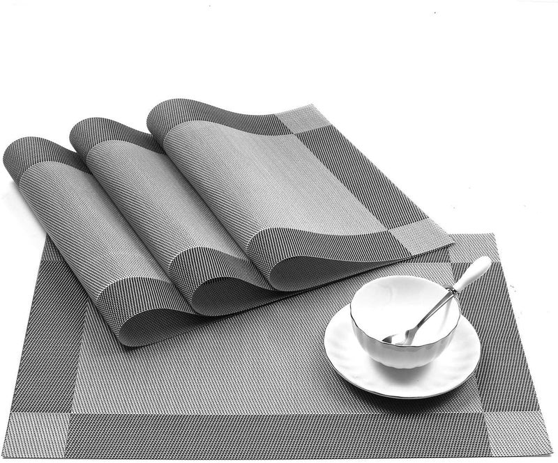 Baskety Placemat Set of 4 Easy to Clean NonSlip Heat Resistant Dining Table Mat Washable Crossweave Woven Vinyl PVC with Single Border Decoration Rectangle Outdoor Indoor - Image 1