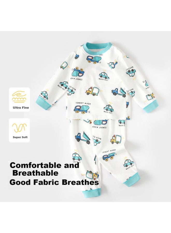 Tinsino Children's Cotton Thermal Underwear Set Autumn Long Johns Baby Warm Homewear Boys Girls Sleepwear Construction Vehicle Team; Size 80 - Image 2