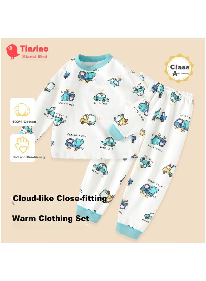 Tinsino Children's Cotton Thermal Underwear Set Autumn Long Johns Baby Warm Homewear Boys Girls Sleepwear Construction Vehicle Team; Size 80 - Image 1