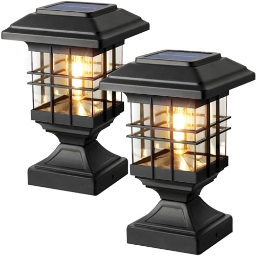 Lffital Solar Post Lights Outdoor Solar Cap Lights Deck Fence Cap for 4x4 5x5 6x6 Posts Patio Garden Courtyard Decoration Fixture Waterproof Warm White Lighting Black (2) - Image 1