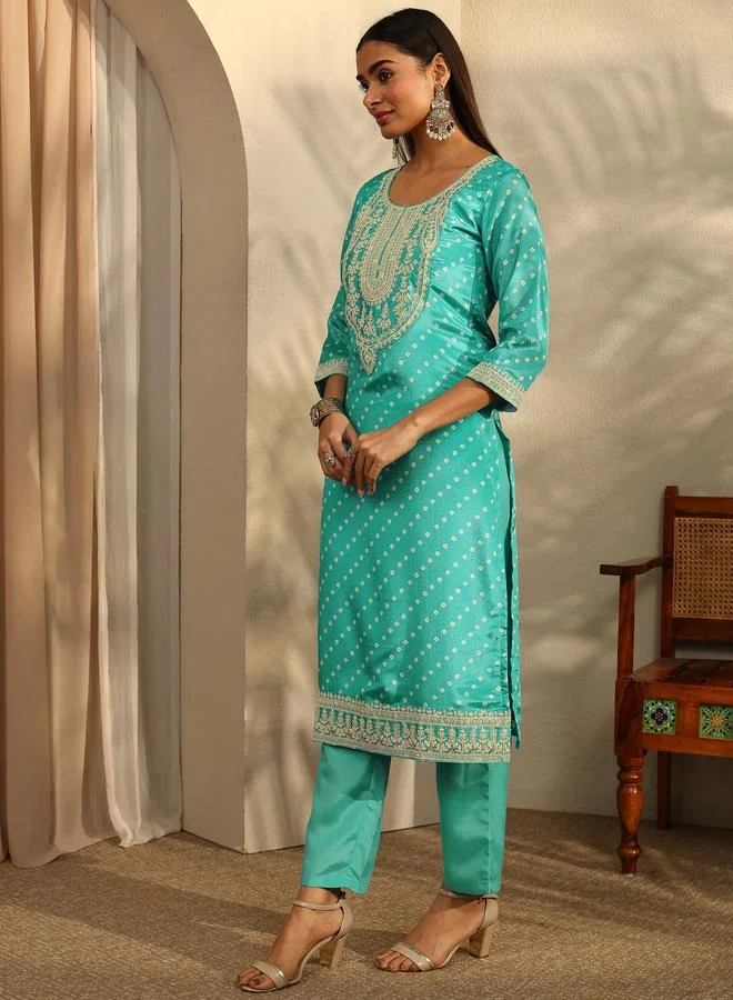 لباس Blue Bandhani Printed Straight Kurta, Trousers and Dupatta Set