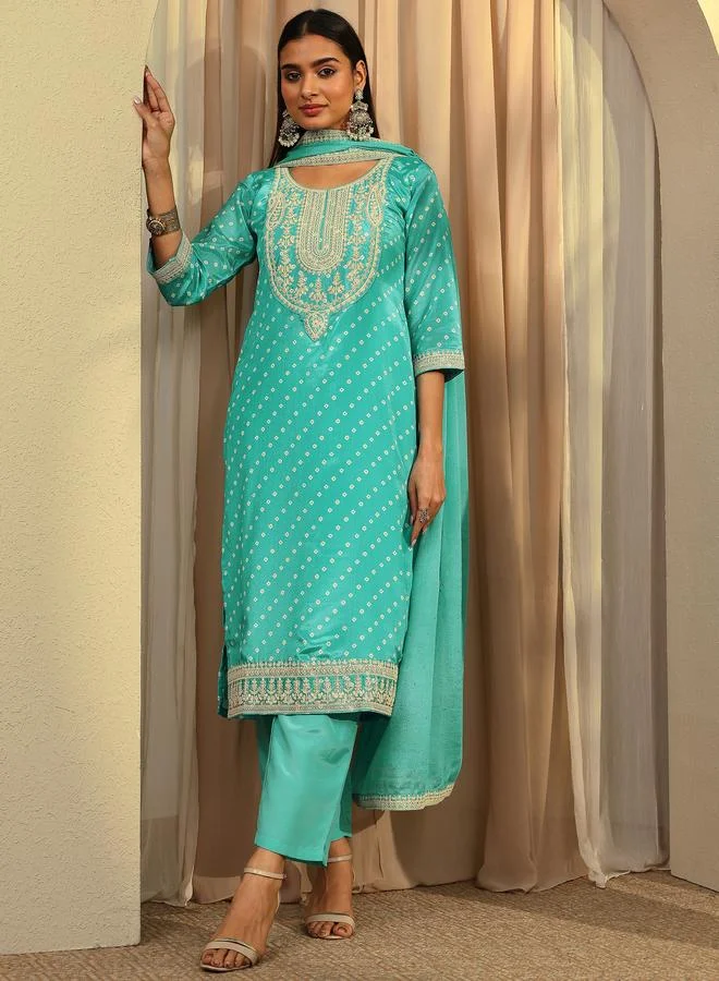 لباس Blue Bandhani Printed Straight Kurta, Trousers and Dupatta Set