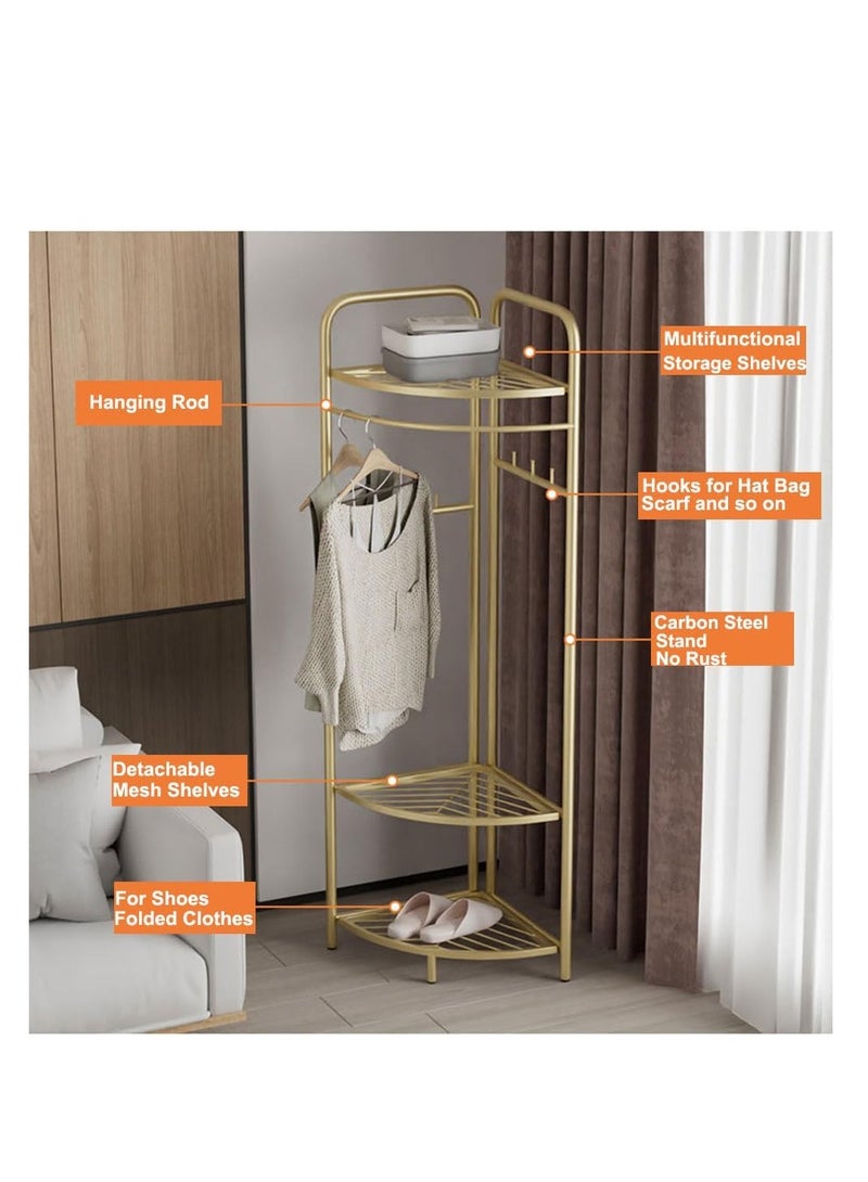 Coat Rack with 3-Layer Storage Shelves Metal Freestanding Clothes Rack Hat Hanger 6 Hooks for Jacket, Bag, Scarf, Triangular Shelf for Home Bedroom Corner Balcony Hallway  - Image 3