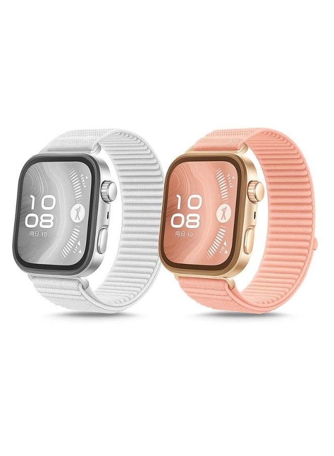 O Ozone For Huawei Watch Fit 3/Fit 4/Fit 4 Pro Watch Strap, Adjustable Nylon Sports Watch Strap Replacement Wristbands for Men & Women- White, Pink - Image 1