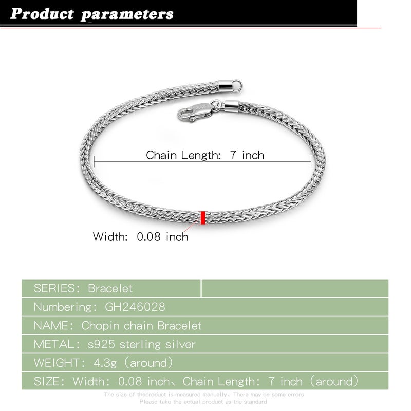 Dankadi Dainty 925 Sterling Silver Chopin Chain Bracelet Women Bohemian Stackable Figaro/Box/Snake Bracelet 2MM 5 "5.9" 6.3 "6.7" 7 "7.5" 8" Jewelry Gift (Silver, 6.3 inches) - Image 3