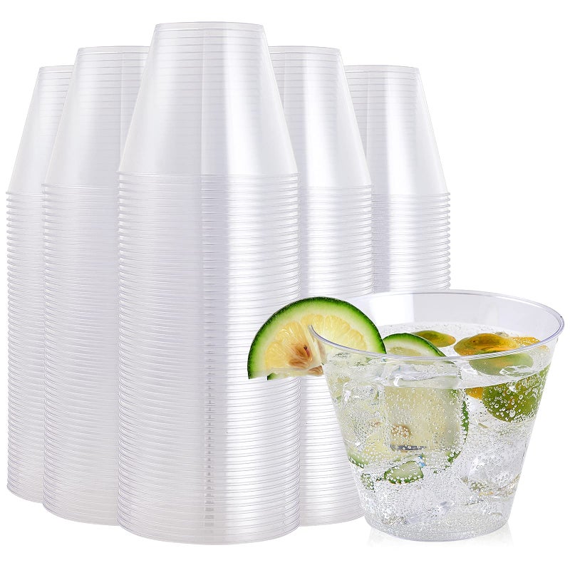FOCUSLINE 200 Pack Clear Plastic Cups 9 oz Disposable Cups Heavy Duty Plastic Tumblers Reusable Clear Hard Plastic Cups Tumblers for Wedding Thanksgiving Halloween Christmas Party