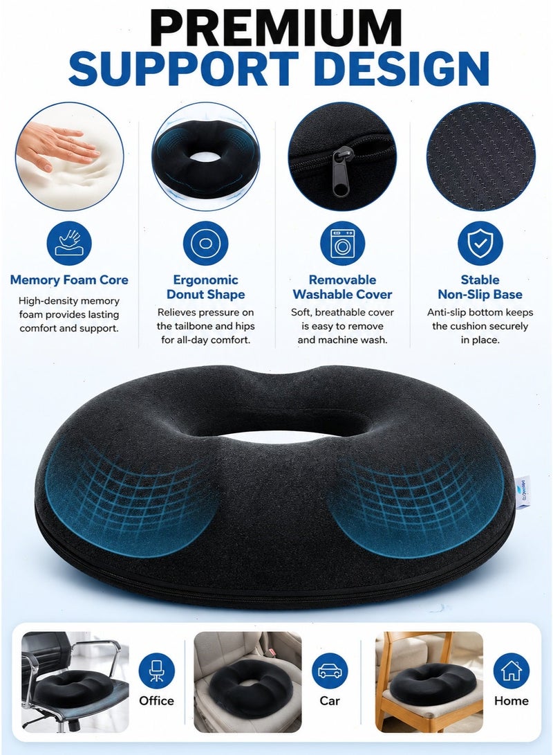 Black Donut Memory Foam Seat Cushion, Coccyx Pain Relief Pillow for Sciatica, Pregnancy, Prostate & Post-Surgery, Home Car Office Use - Image 2