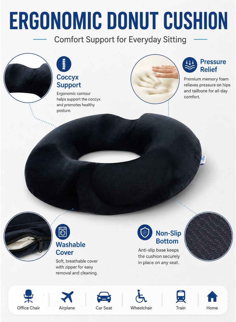 Black Donut Memory Foam Seat Cushion, Coccyx Pain Relief Pillow for Sciatica, Pregnancy, Prostate & Post-Surgery, Home Car Office Use - Image 4