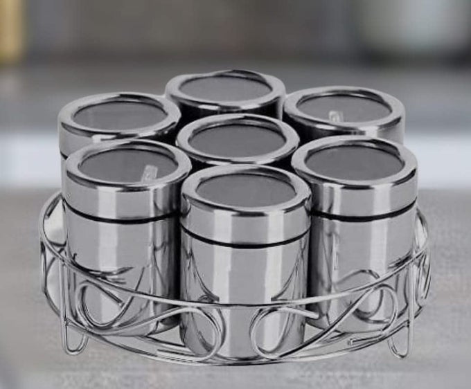 MASALA BOX FOR KITCHEN SET OF 7 STAINLESS STEEL CONTAINERS AND 1 STAND