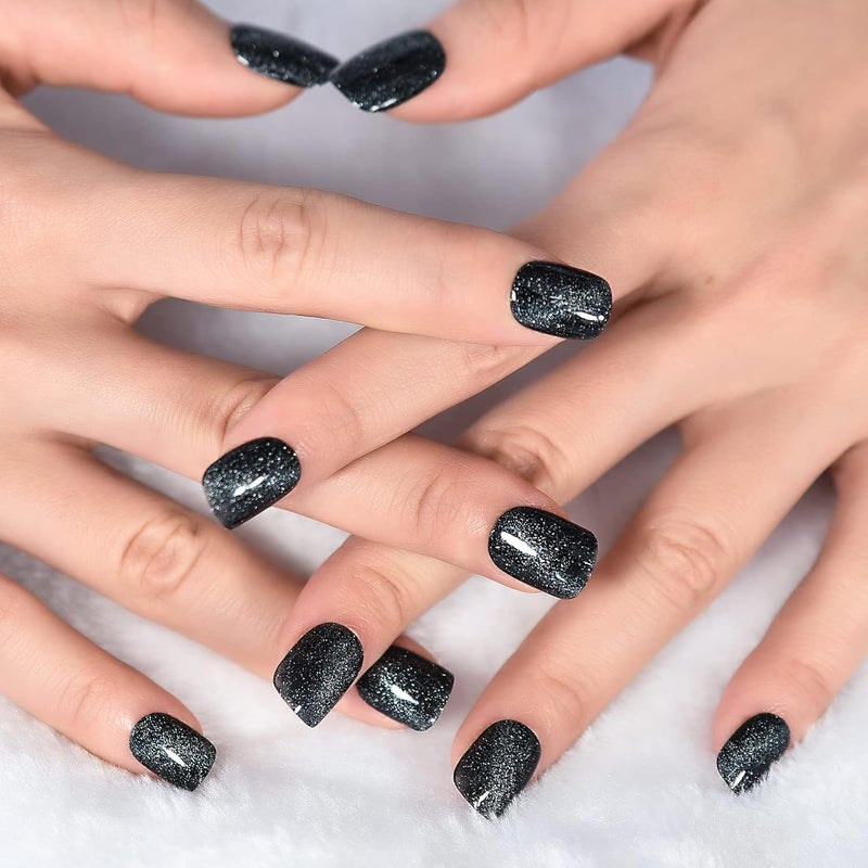Black Press on Nails Short Squoval False Nails Shiny Cat Eye Acrylic Fake Nail Art Tips Manicure Kits - Image 3