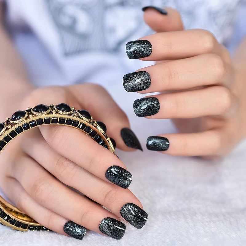 Black Press on Nails Short Squoval False Nails Shiny Cat Eye Acrylic Fake Nail Art Tips Manicure Kits - Image 1