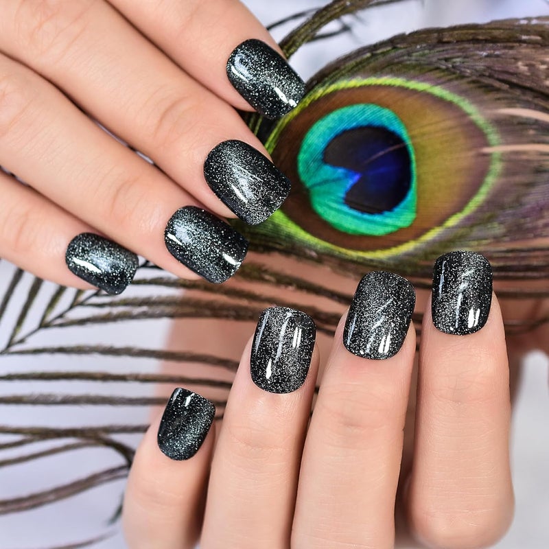 Black Press on Nails Short Squoval False Nails Shiny Cat Eye Acrylic Fake Nail Art Tips Manicure Kits - Image 4