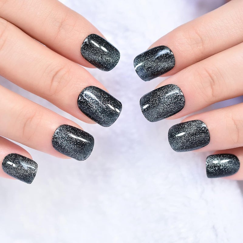 Black Press on Nails Short Squoval False Nails Shiny Cat Eye Acrylic Fake Nail Art Tips Manicure Kits - Image 2