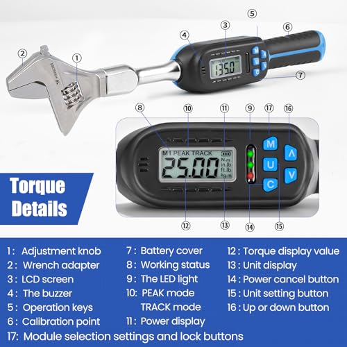 Wisscool Adjustable Digital Torque Wrench, 5-99.6 ft.lb/6.8-135 N.m, Hvac Torque Wrench with 42mm Jaw, ±2% Accuracy, Vibration, Buzzer and LED Indicator for Split AC, Moto, Car - Image 3