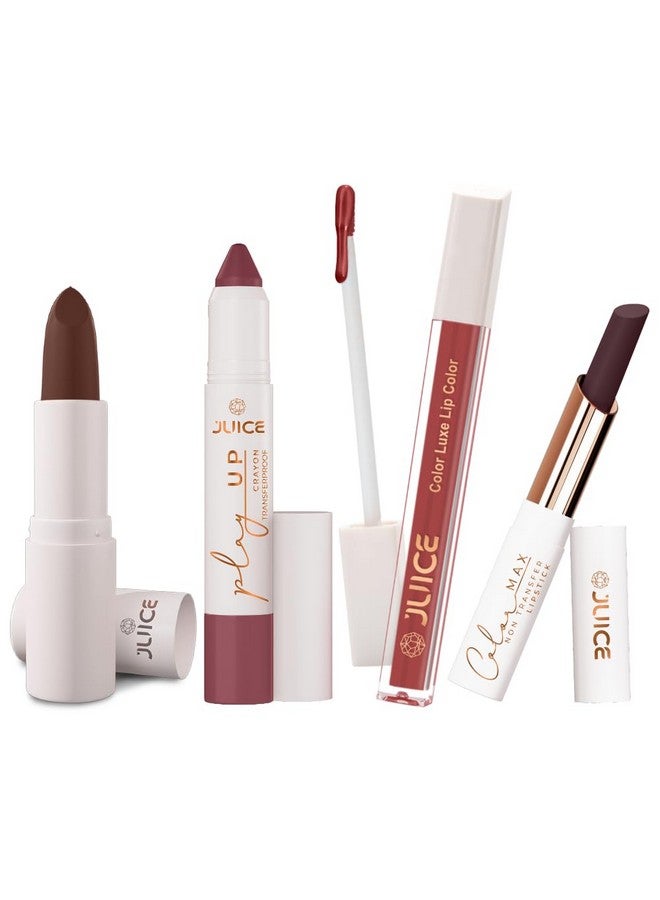 Juice Long Lasting, 4pc Lipstick Combo Set For Women(Browned-M17 Bullet Lipstick, Stay-On Spice-MCR05 Play up Lip Crayon, Kissable Pink-M03 Liquid Lipstick, Mulled Wine-M08 Slim Stick) - Image 1