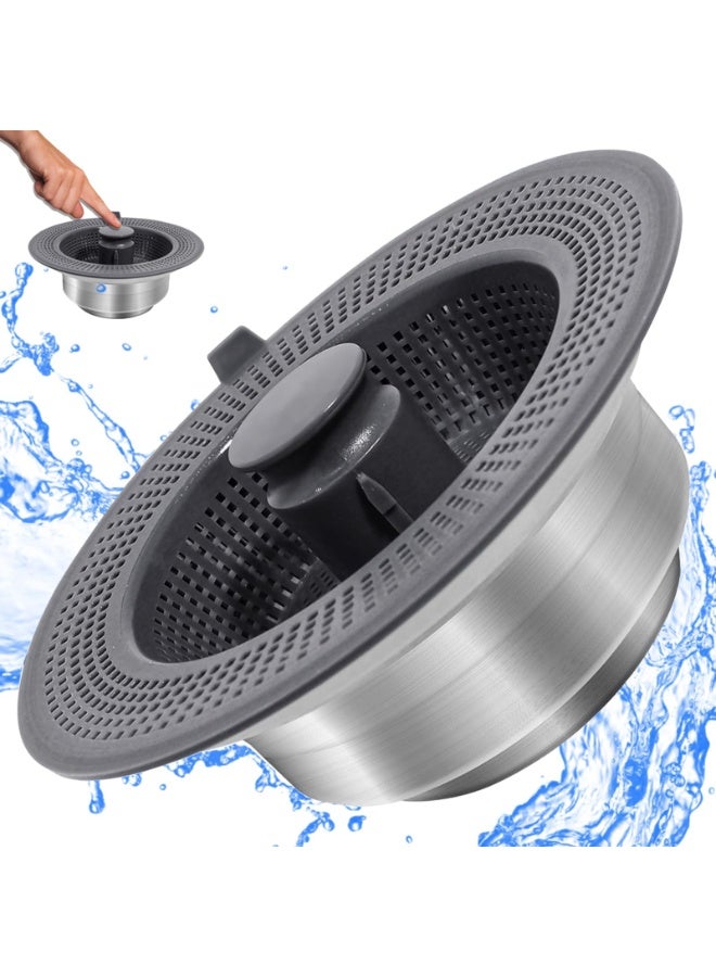 3-in-1 Kitchen Sink Drain Strainer – 304 Stainless Steel Pop-Up Plug, Anti-Clog Basket Strainer, Fits 7.2-8.6 cm Drains, Silver/Black - Image 1