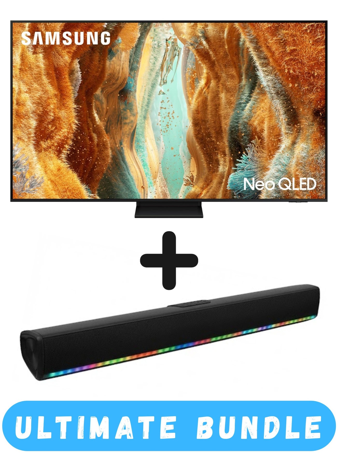 Samsung 55 Inch Neo QLED QN70F 4K, Samsung Vision AI Smart TV (2025 - International Version) + 2.0 Channel Portable Soundbar With Built In Battery & LED Lights | Tizen Smart TV - 100Hz (Up to 144Hz), HDMI x4, USB x2, Wi-Fi 5, BT 5.3, FreeSync Premium PRO -