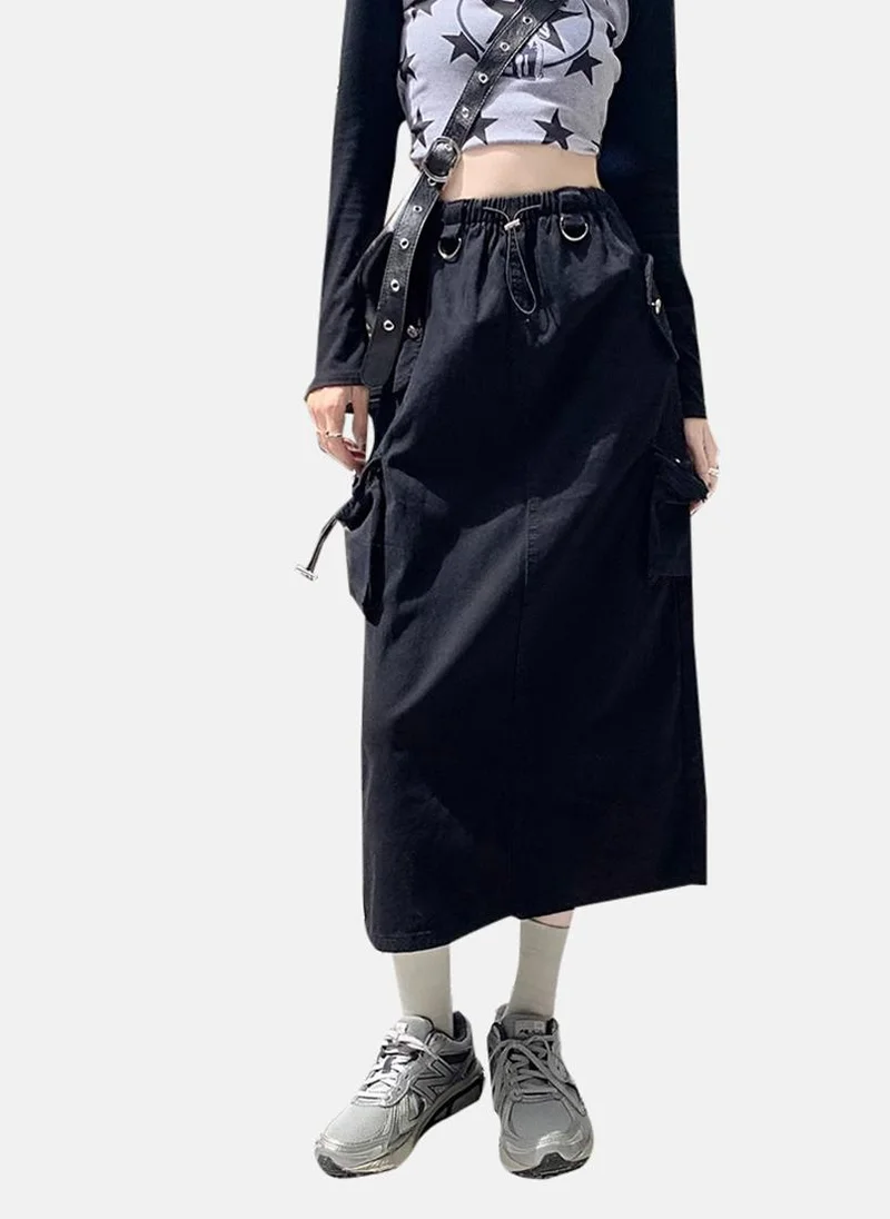 YUNIQEE Black Solid Denim Midi Skirt