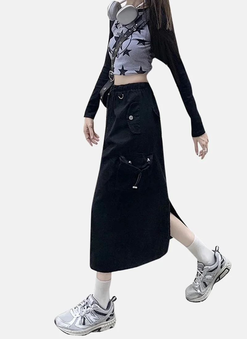 يونيكي Black Solid Denim Midi Skirt