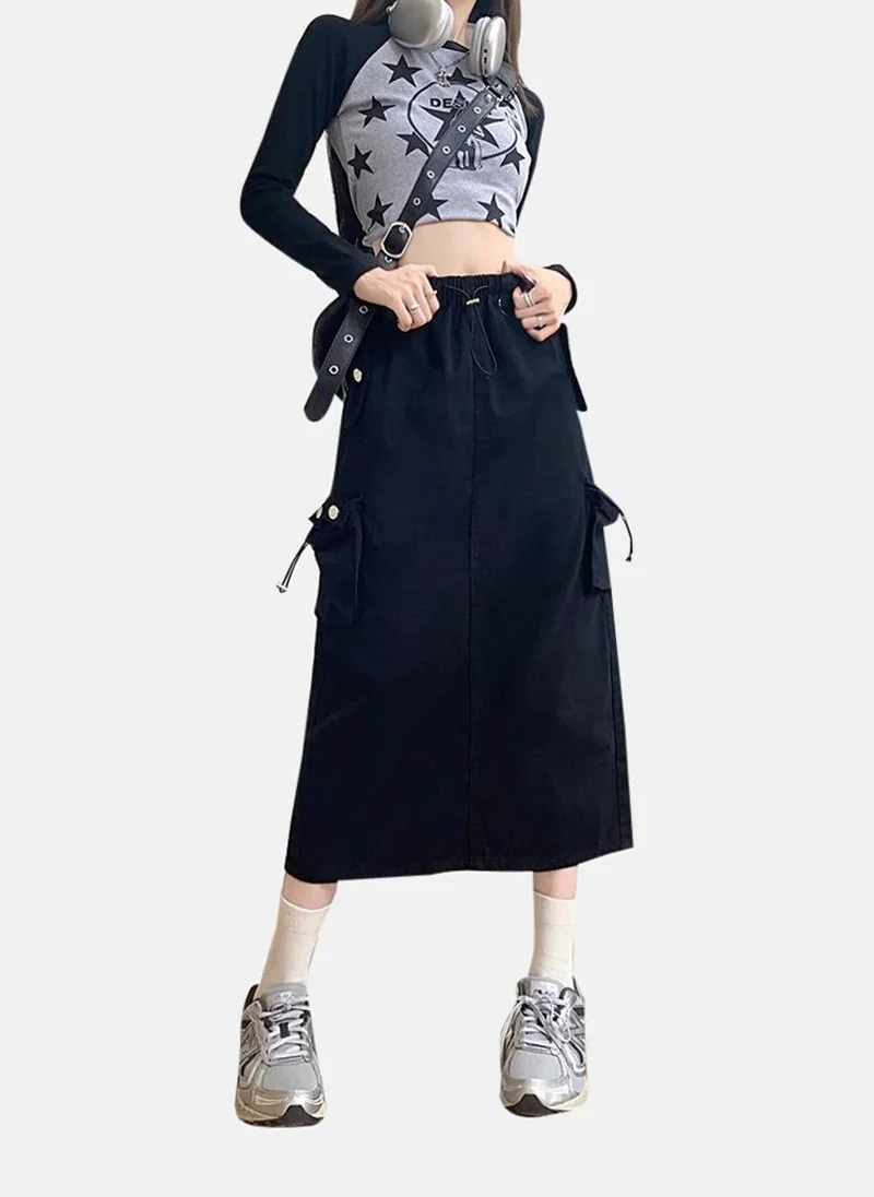 يونيكي Black Solid Denim Midi Skirt