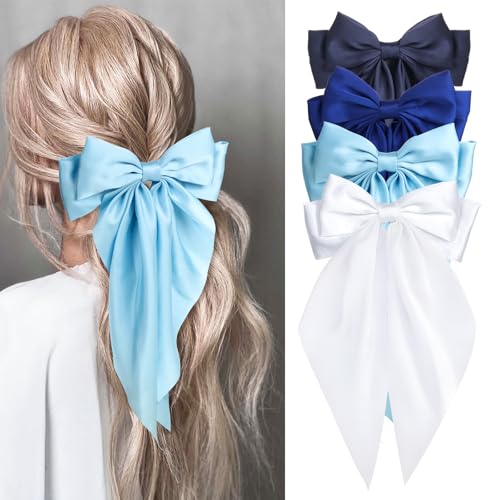 MIKONIKO Silky Satin Hair Bows for Women Girls 4PCS Ribbon Bows for Hair Big Bow Hair Clips with Long Tail Barrettes Cute Hair Accessories Gifts Navy Royal Blue Blue White - Image 1
