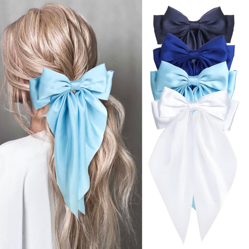 MIKONIKO Silky Satin Hair Bows for Women Girls 4PCS Ribbon Bows for Hair Big Bow Hair Clips with Long Tail Barrettes Cute Hair Accessories Gifts Navy Royal Blue Blue White - Image 3